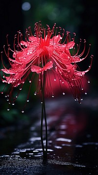 Japanese red spider lily by foot path in raining flower petal plant.