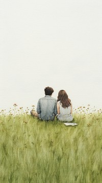 Couple love sitting in the meadow grassland outdoors nature.