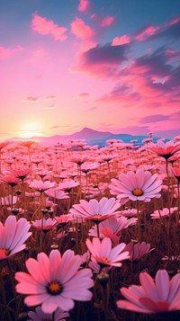 Landscape field of flowers sunset outdoors blossom.