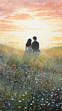Couple love sitting in the meadow landscape grassland outdoors.