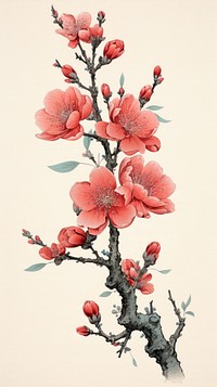 Wood block print illustration of Cherry blossom flower plant petal red.