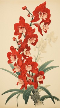 Wood block print illustration of orchid gladiolus flower plant.