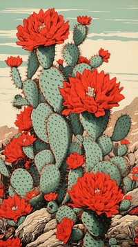 Wood block print illustration of cactus flower plant red.