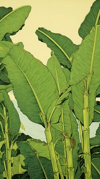 Wood block print illustration of Banana leaf banana plant green.