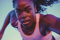 Black female athlete is running skin determination exercising.