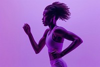 Black female athlete is running purple adult exercising.