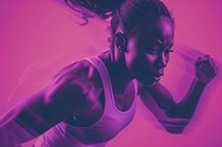 Black female athlete is running purple determination motivation.