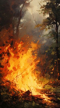 Vintage painting wallpaper fire bonfire destruction.