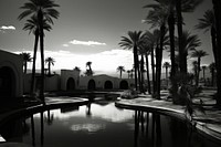 Desert oasis city architecture silhouette outdoors.