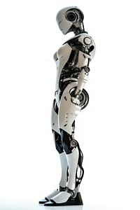 Female robot adult white background standing.