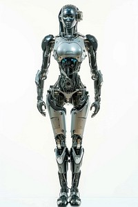Retro female robot white background futuristic standing.