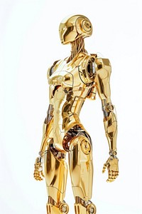 Retro female robot human gold white background.