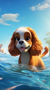 3D cartoon Cavalier King Charles Spaniel dog swimming spaniel.
