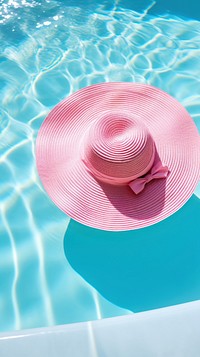 Pink tropical hat floating summer pool.