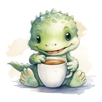 Crocodile hugging coffee cup cartoon animal drink.