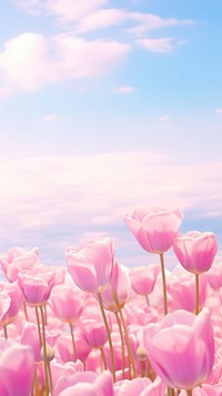 Field of pink tulip sky landscape outdoors.