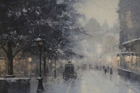 Acrylic paint of winter city street outdoors painting snow.