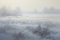 Acrylic paint of winter field blizzard outdoors nature.