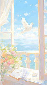 A white dove outside the window with seascape bird architecture transparent.
