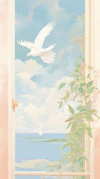 A white dove outside the window with seascape flying bird architecture.