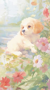Puppy in a garden painting animal mammal.