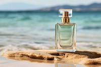 Perfume bottle put on beach with sea water cosmetics tranquility sunlight.