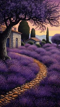 Illustration of purple walls landscape lavender outdoors.