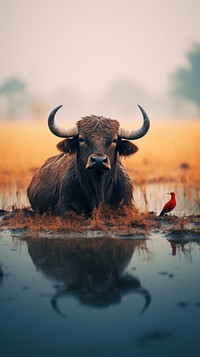 A bird on a buffalo livestock wildlife animal.