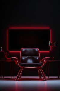 Neon sign on dark background with chair furniture lighting table.