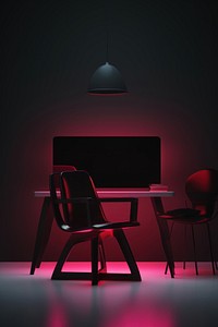 Neon sign on dark background with chair table furniture lighting.