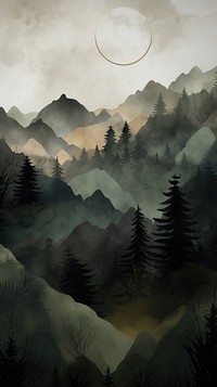 Forest watercolor wallpaper landscape mountain outdoors.