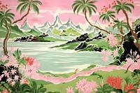 Hawaiian island with people outdoors painting pattern.