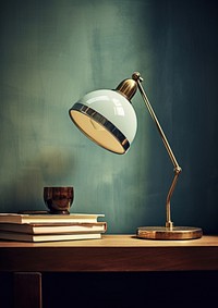 A lamp and book on a table with mirror lampshade lighting technology.