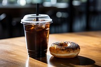 Plastic cup coffee bread table.