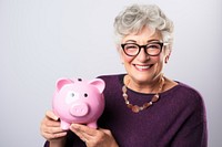 Woman holding his piggy bank glasses adult smile.