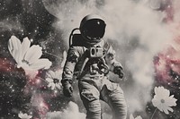 Paper collage of astronaut space electronics monochrome.