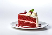 Piece of red velvet cake dessert berry cream.