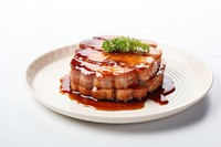 Photo of pork on dish plate food meat.