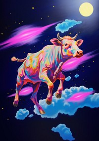 A cow flying purple livestock outdoors.