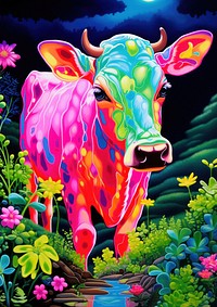 A cow in clean greenery painting livestock outdoors.