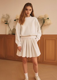 Cheerful white kid wearing blank white embroidered polo sweatshirt and white contrast pleated skirt miniskirt outerwear hairstyle.