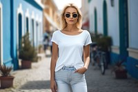 White jeans mockup sunglasses t-shirt sleeve.