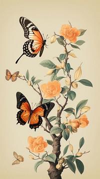 Vintage drawing of butterfly flower animal insect.