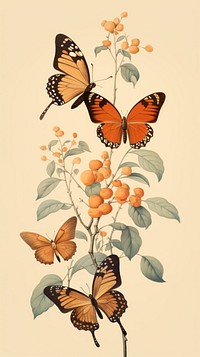 Vintage drawing of butterfly animal insect flower.