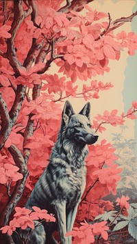 Vintage wallpaper wolf tree painting.