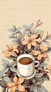Vintage drawing coffee mug flower drink plant.