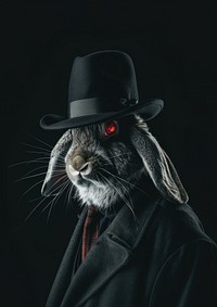 A rabbit in the black hat portrait photo black background.