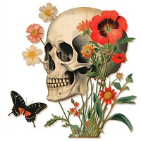 Paper collage of skull with flowers butterfly plant art.