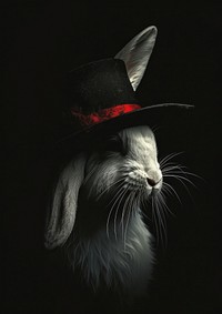 A rabbit sitting inside the black hat portrait animal mammal.