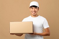 Japanese delivery man box cardboard portrait.